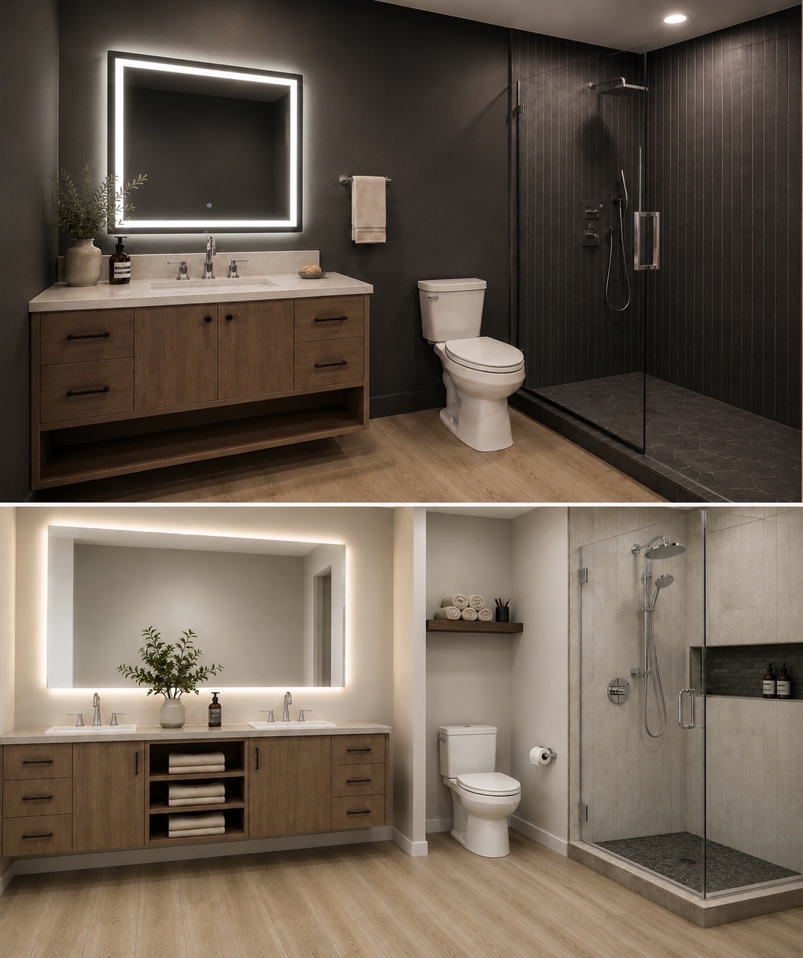 En-suite baths with backlit mirrors and walk-in glass showers