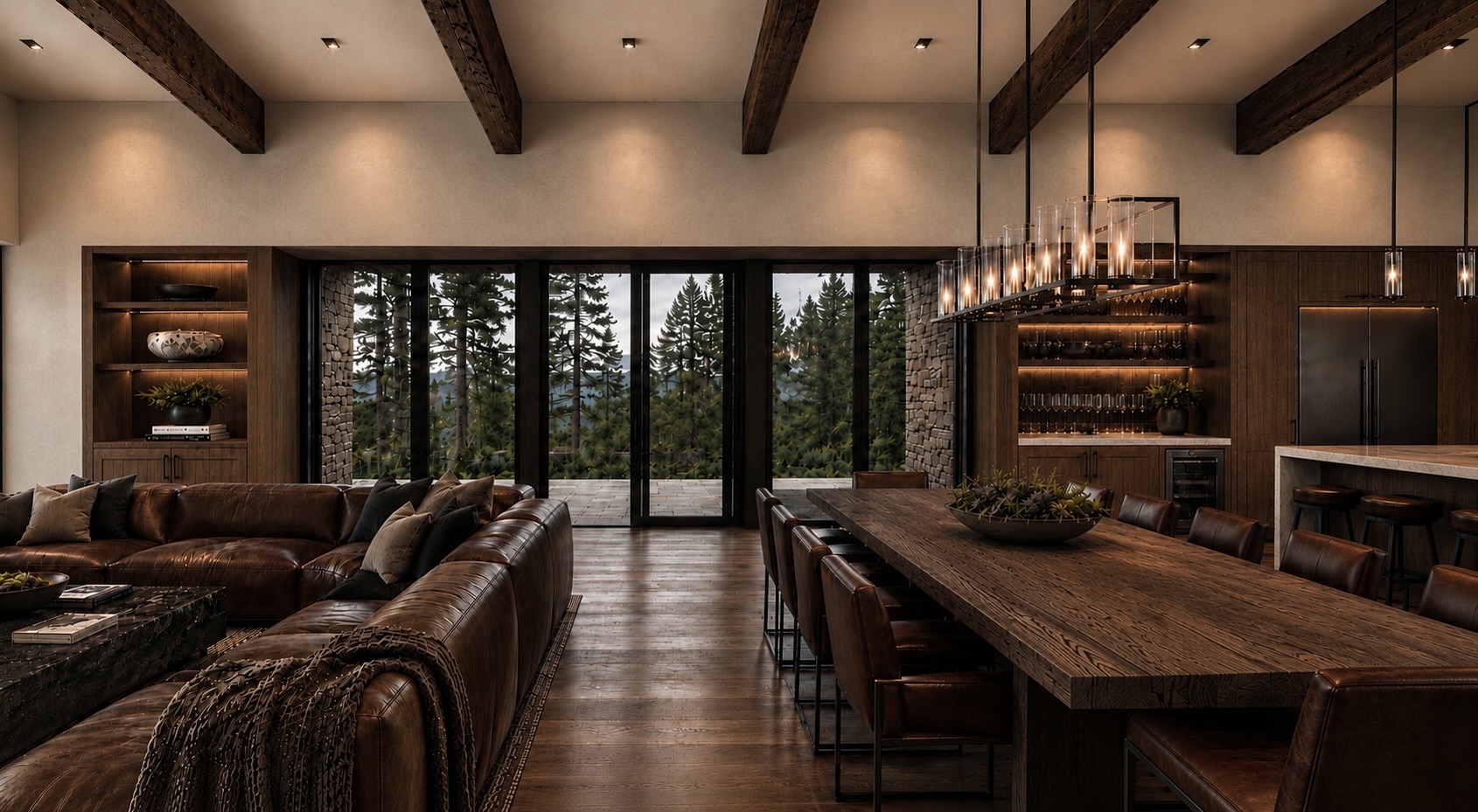 Dining table and great room with forest views
