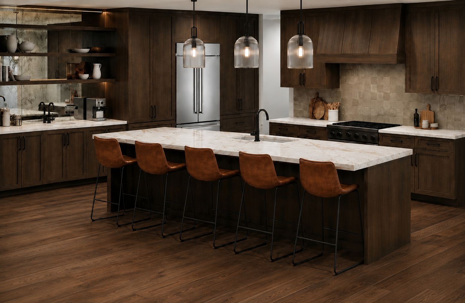 Chef's kitchen with marble island and leather counter stools