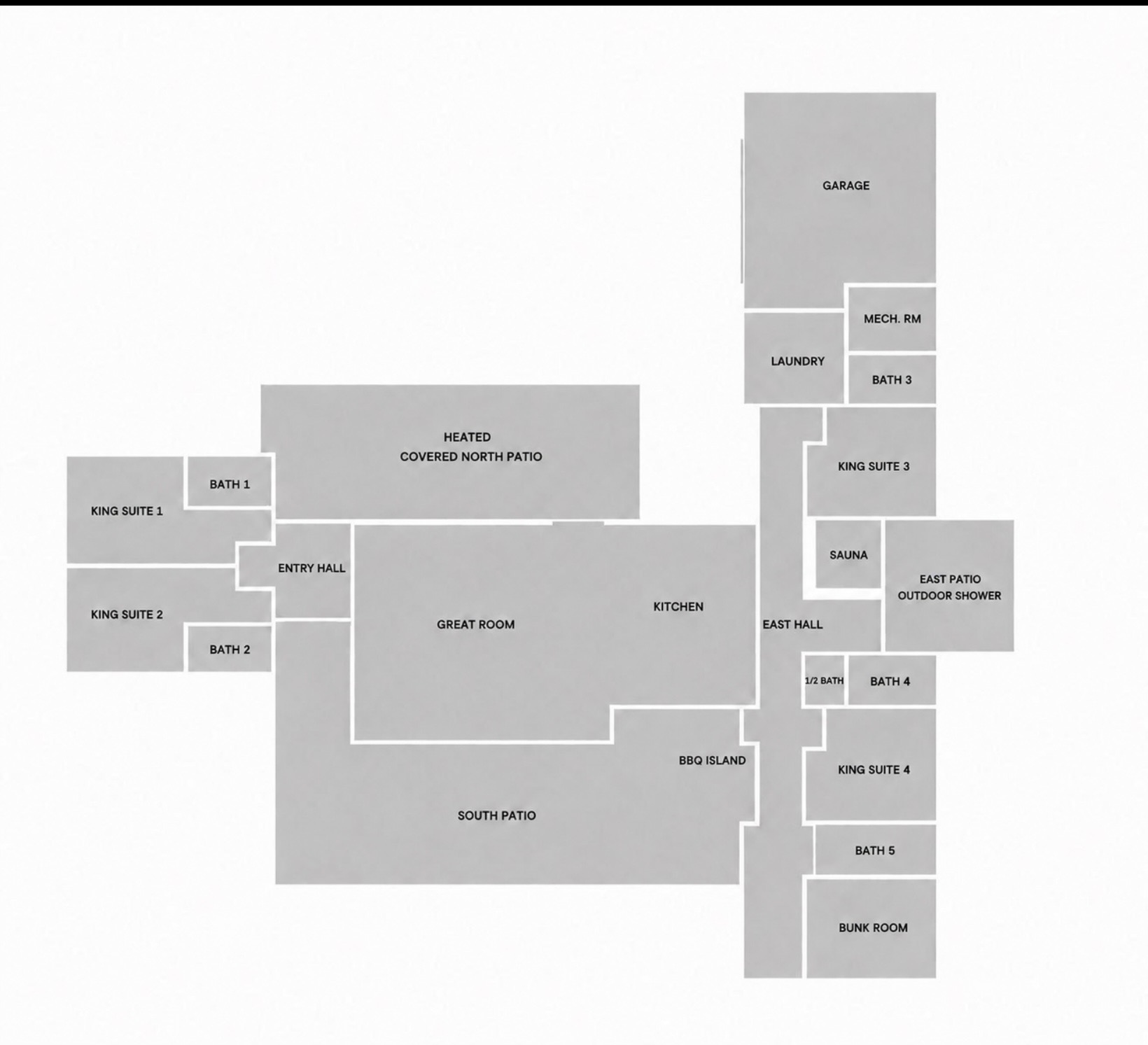 Ironwood floor plan with four king suites, bunk room, great room, kitchen, sauna, laundry and patios