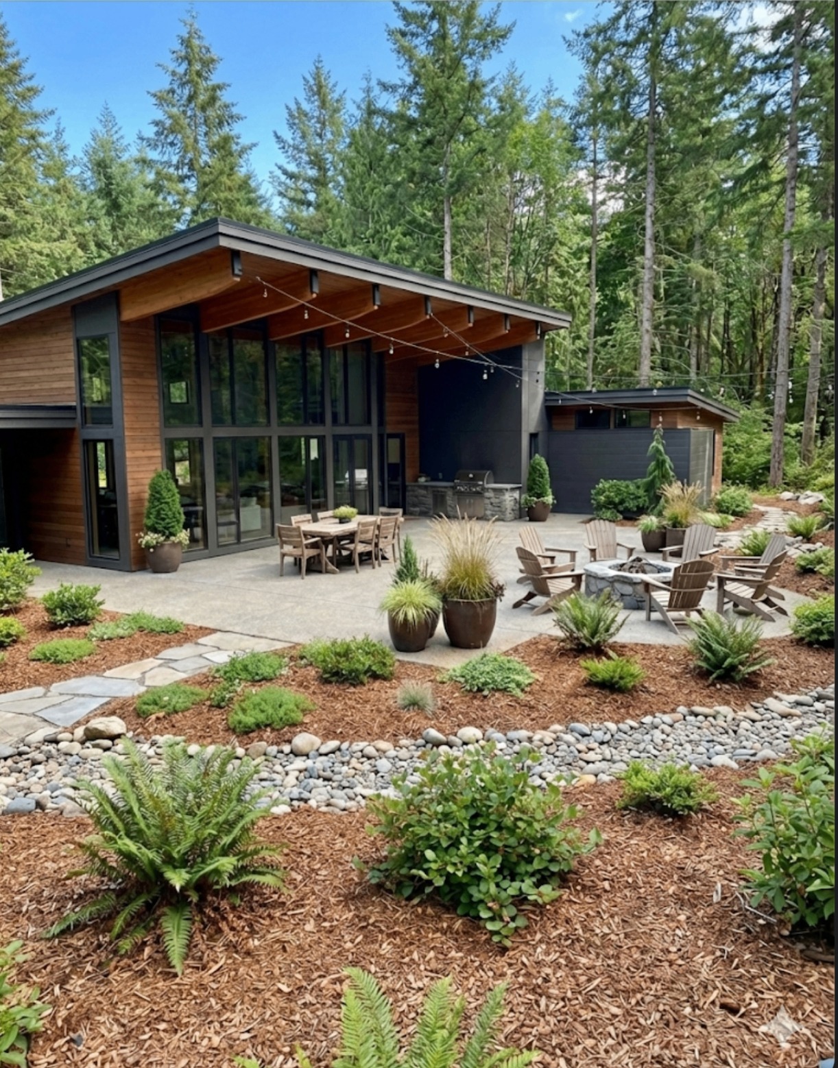 Back of the house with heated north patio and expansive south patio with outdoor kitchen and fire pit