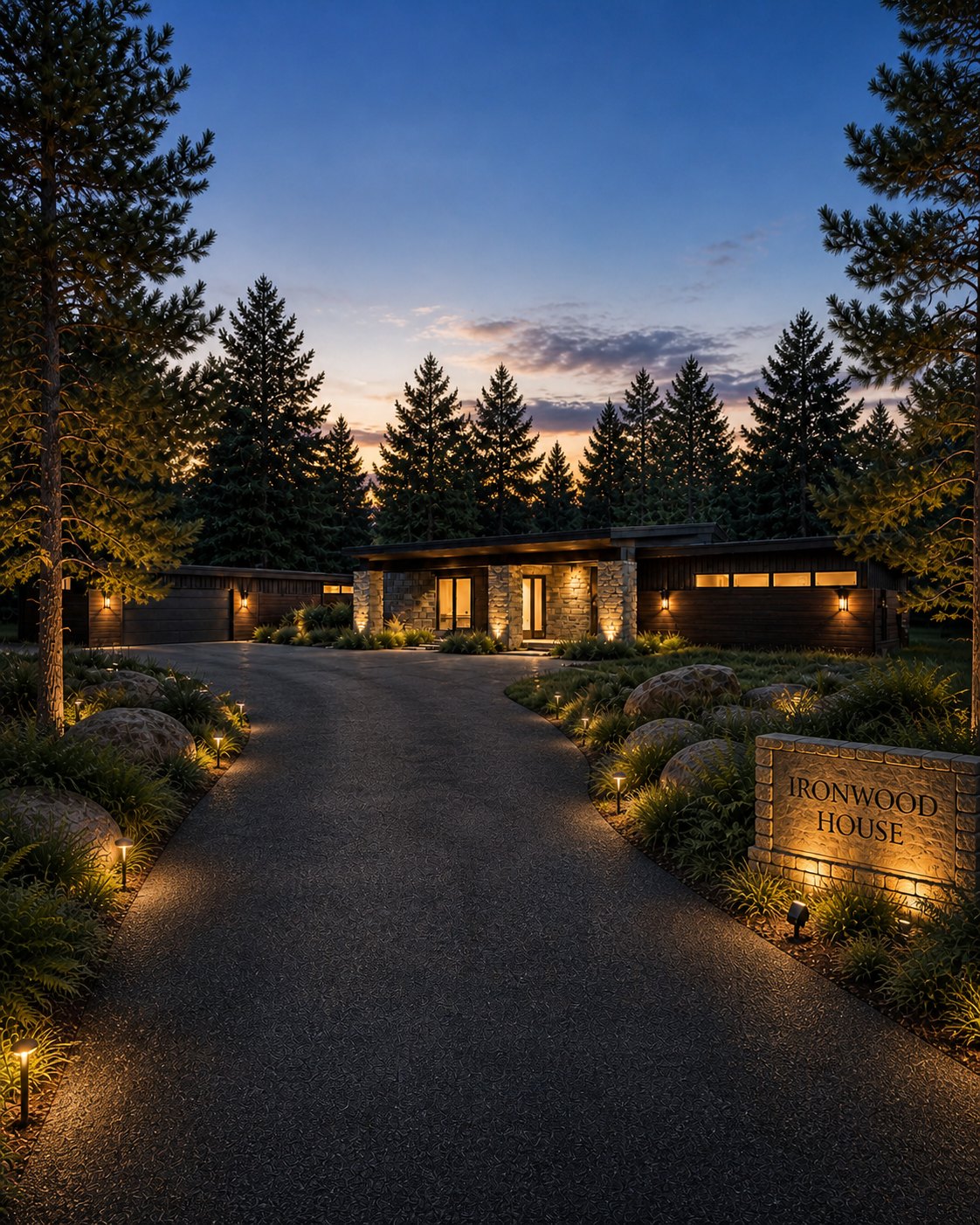 Ironwood Bandon Golf House exterior glowing at dusk among coastal pines