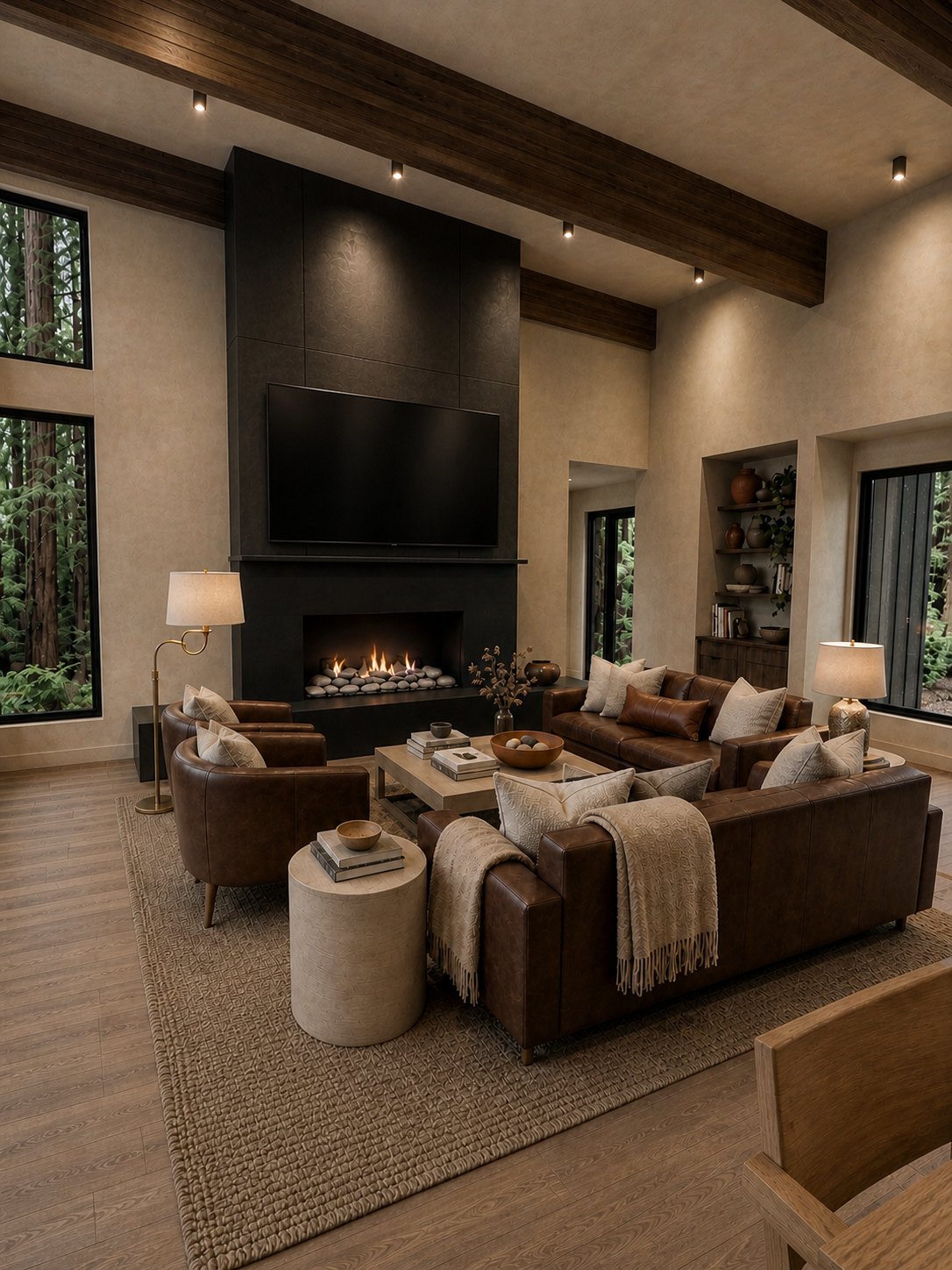 Great room with vaulted wood ceilings, stone fireplace and forest views